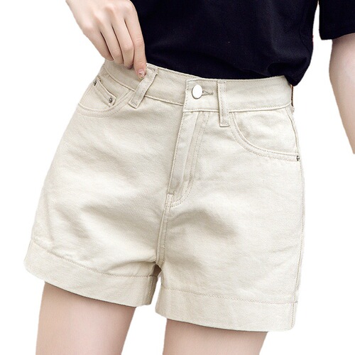 Pink denim shorts for women, summer high-waisted A-line loose wide-leg apricot-colored slimming hot pants