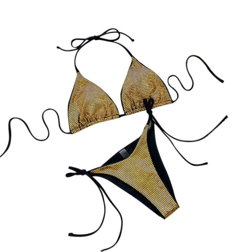 Gold-leaf fabric V-neck triangle bikini set for stylish women's swimsuit