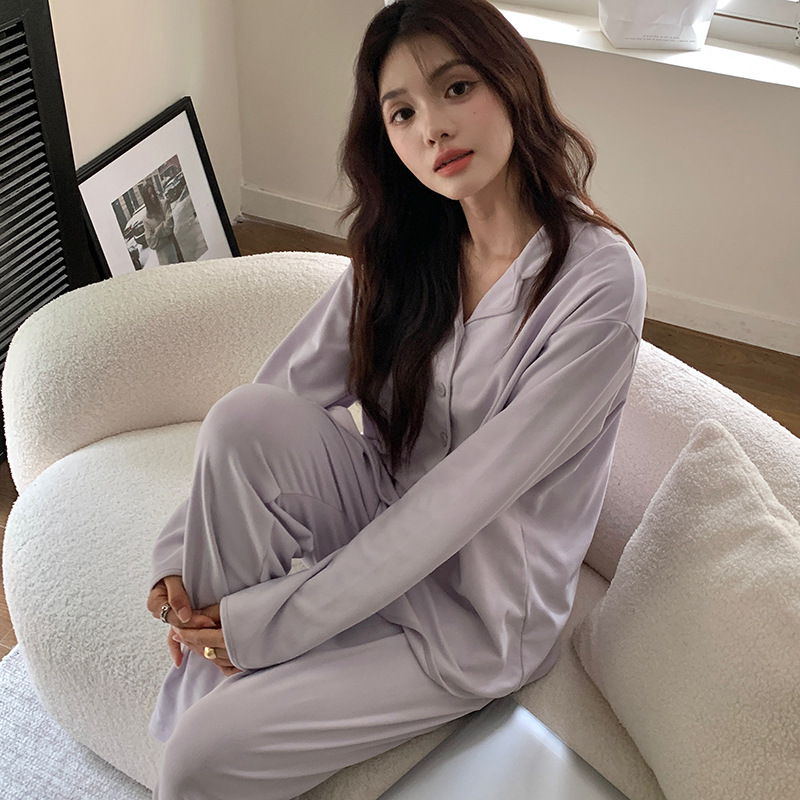 Mishima Autumn and Winter Solid Color Women's Home Clothes Button Lapel Long Sleeve Top Trousers Suit Loose Outerwear Pajamas Mishima Autumn and Winter Solid Color Women's Home Clothes Button Lapel Long Sleeve Top Trousers Suit Loose Outerwear Pajamas