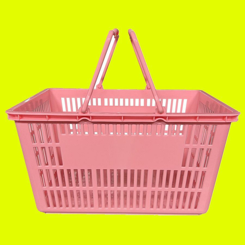超市手提塑料购物篮子粉色网红加厚橙色印logo外置手柄黄色购物框