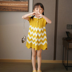 Hand Hook Collar Combed Cotton Short Sleeve Dress for Girls, Summer Ribbed Knit Pickhole A-line Skirt, Baby Duck Yellow Dress