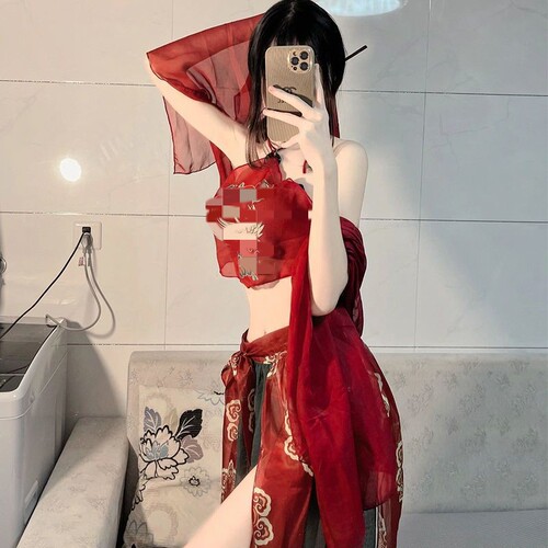 Sexy lingerie, female sexy bellyband, tempting printed Phoenix flying solid color see-through uniform, exotic ancient style dance costume