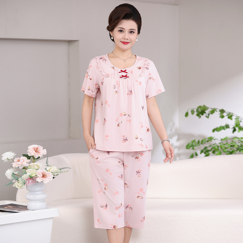 Middle-Aged and Elderly Women's Pure Cotton Pajamas, Summer Short-Sleeved Three-Quarter Pants, Mother-Style Home Clothes, Middle-Aged Plus Size Home Clothes