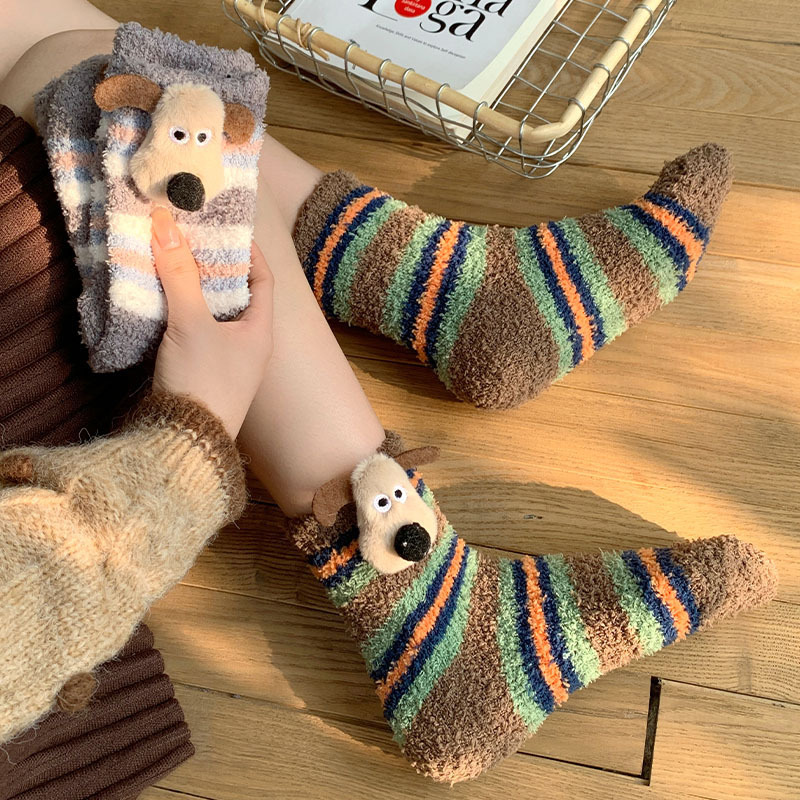 Coral velvet socks women's cute plush doll puppy socks winter thick warm contrast striped moon socks