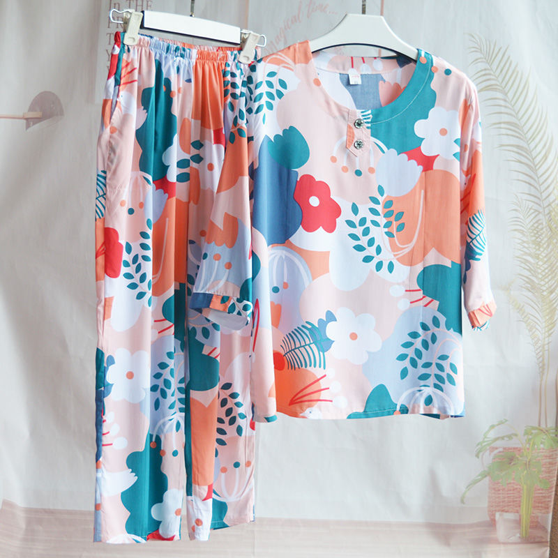 Cotton Silk Pajamas Women's Summer Suit, Mother's Mid-Sleeve Cotton Silk Home Clothes, Thin Artificial Cotton Two-Piece Set That Can Be Worn Outside