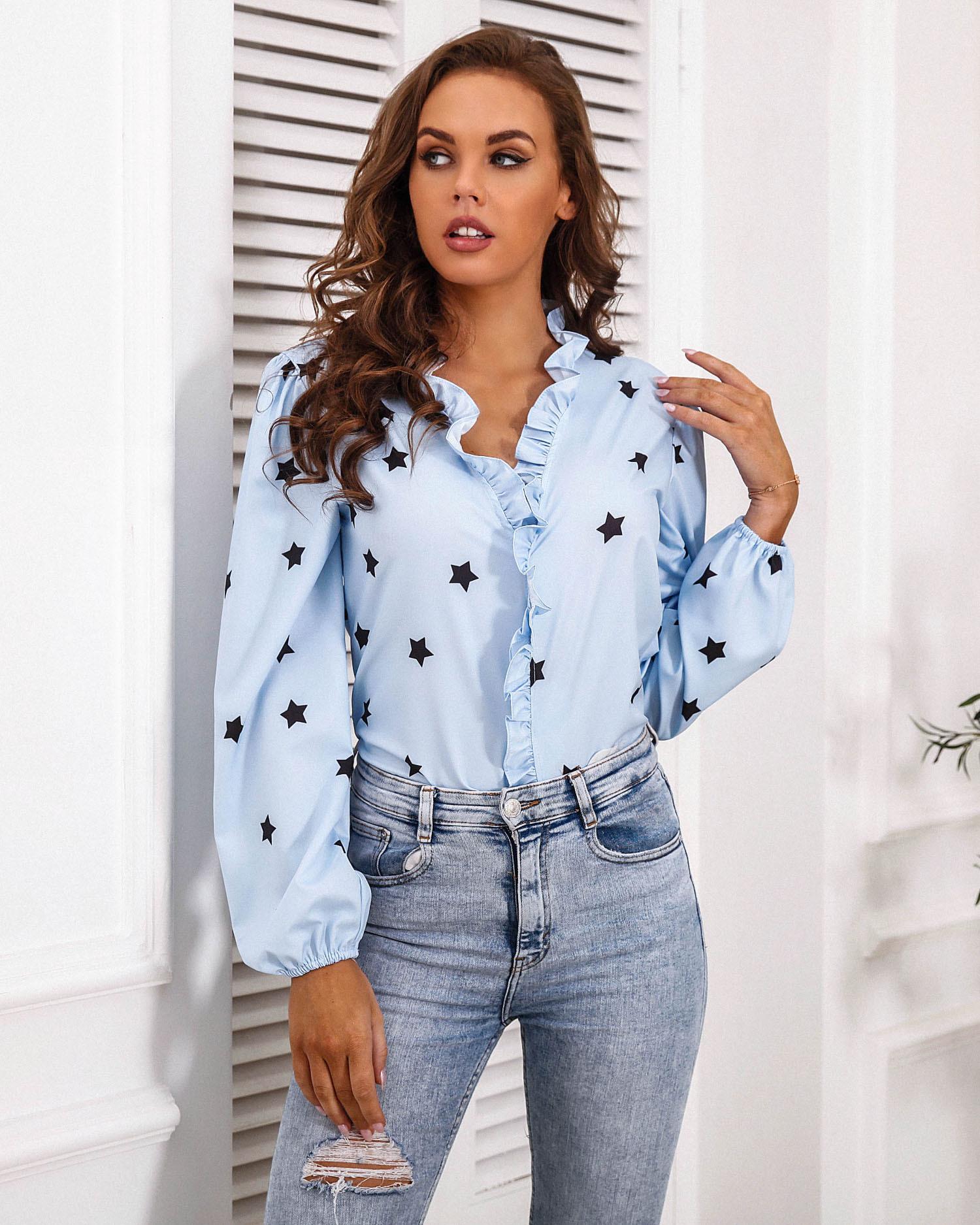 V-neck dot lantern sleeves casual shirt NSMY32112