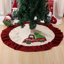跨境新款120cm聖誕樹裙紅黑格子花邊麻布聖誕樹圍裙底部裝飾用品