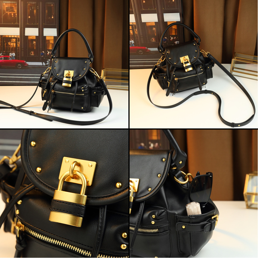 Borsa a mano retrò con lucchetto borchiato, media, multifunzionale, da donna, a tracolla, zaino da pendolare, in pelle PU con cerniera_voghion.com