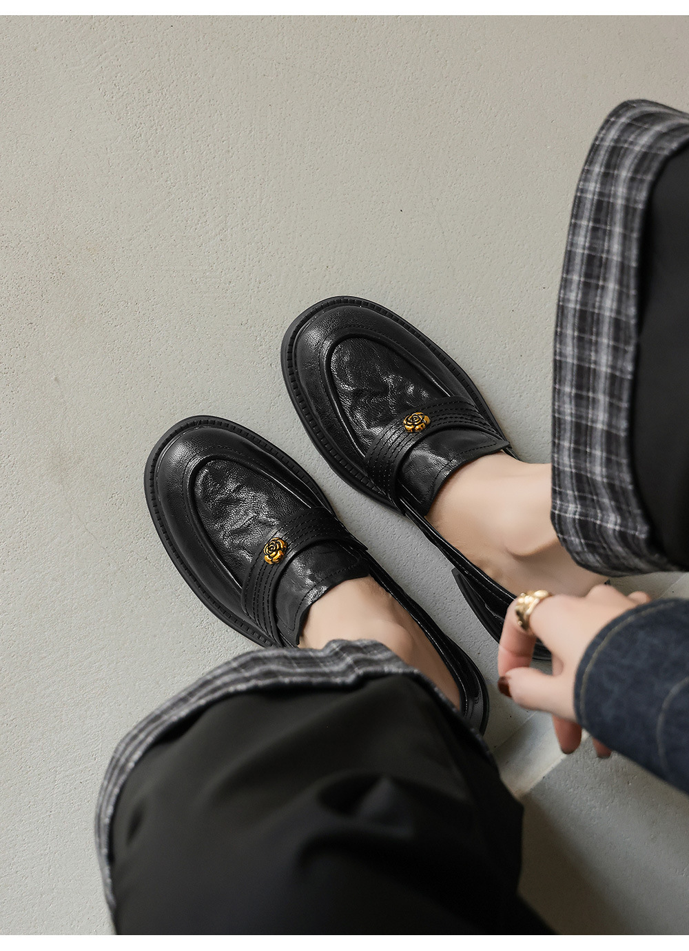 Giày loafer nữ mũi tròn gót vuông dày đế cao 6 cm da cừu — màu nâu chi tiết 8