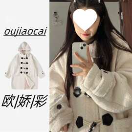 羊羔毛加绒外套女冬季新款学院风宽松连帽中长款毛茸茸加厚大衣女