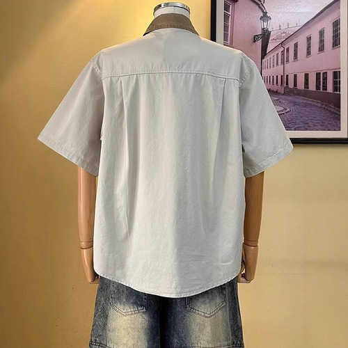 Japanese-style retro patchwork color-blocked collarless short-sleeve shirt for men, summer youth casual half-sleeve top, simple design