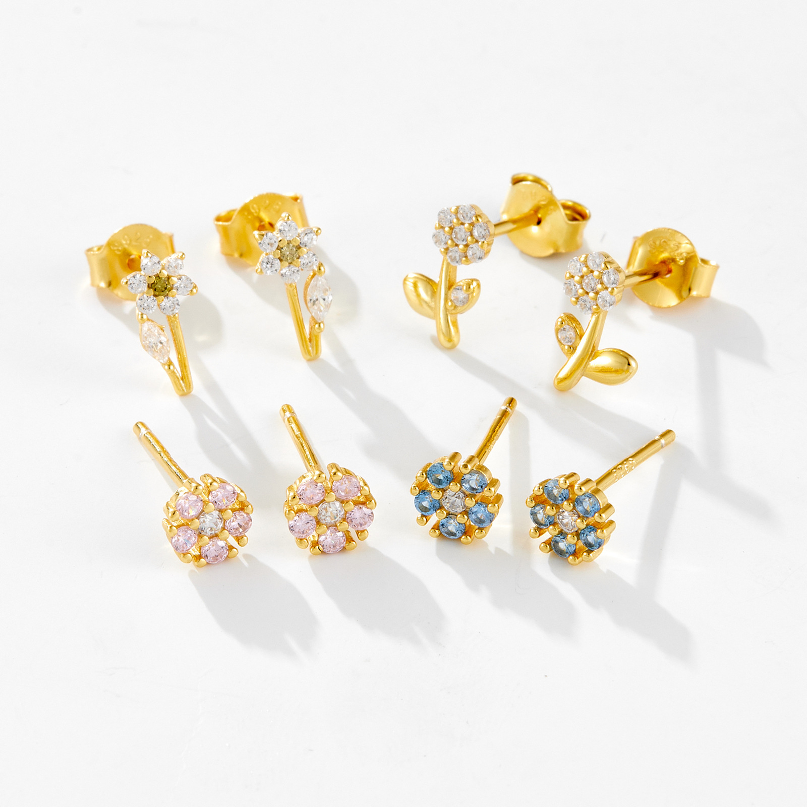 1 Pair IG Style Shiny Flower Plating Inlay Sterling Silver Zircon 18K Gold Plated Ear Studs display picture 2