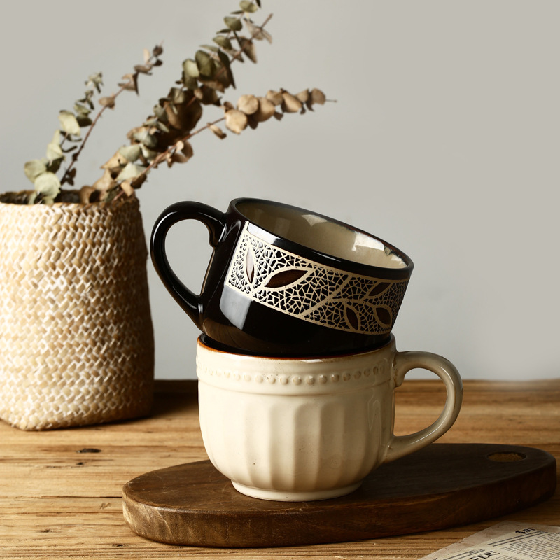 Taza de cerámica vintage de estilo europeo taza de café taza de desayuno taza de avena creativa pintada a mano taza de hoja