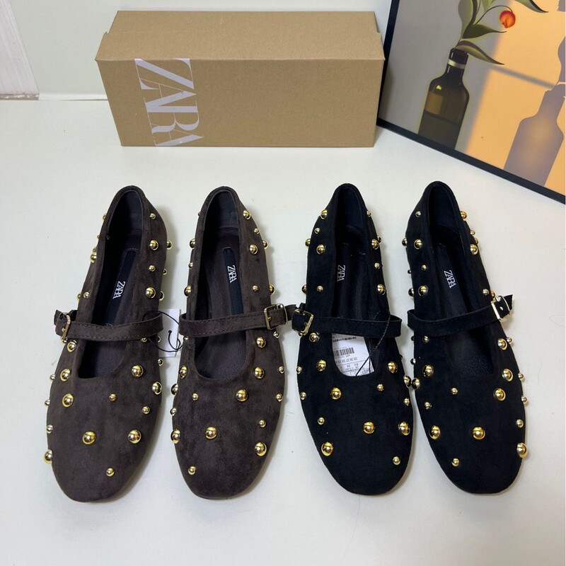 ZA2026 new women's shoes, brown with rivet decoration, Chanel-inspired ballet style flat casual shoes, flat-heel Mary Jane shoes for women ZA2026 new women's shoes, brown with rivet decoration, Chanel-inspired ballet style flat casual shoes, flat-heel Mary Jane shoes for women