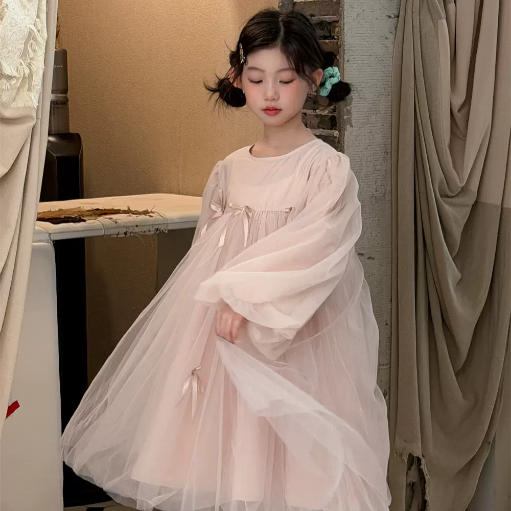 花与寻女童连衣裙2026春款蝴蝶结网纱仙美垂感宽松洋气儿童公主裙