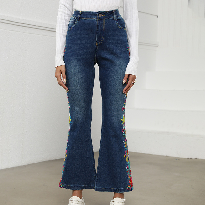Women's Denim trousers temperament jeans embroidered fashion waist 2025 intellectual micro-pants #032