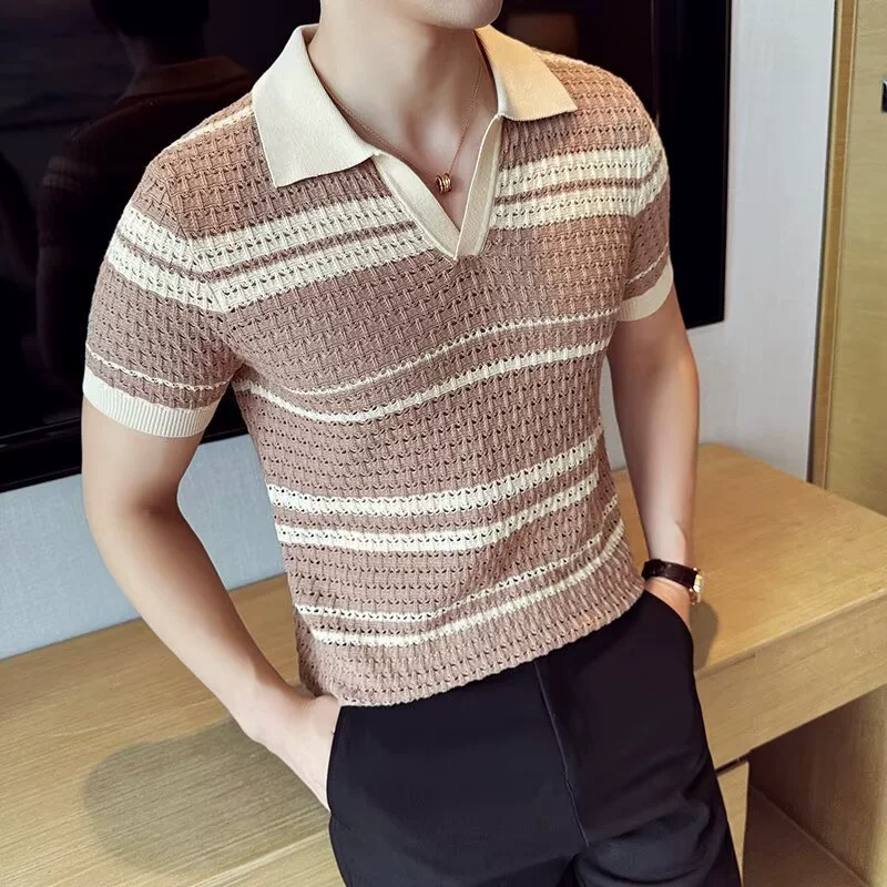 Вязаная футболка-поло летняя, slim fit, с коротким рукавом, стиль высокого качества