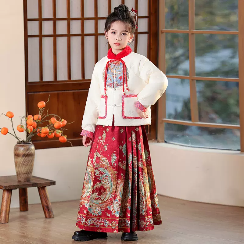 女童汉服新款冬季儿童外套女宝宝拜年服唐装秋冬装套装洋气马面裙