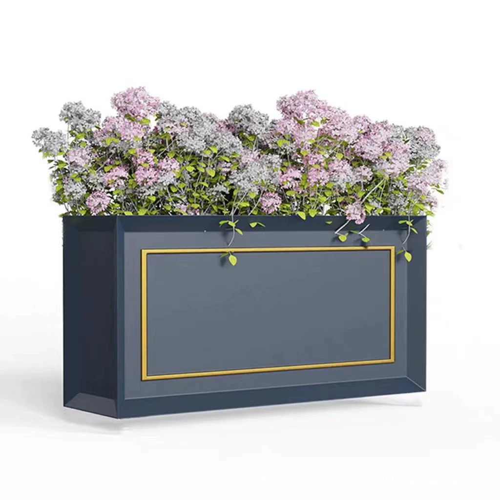 Barrera de hierro forjado al aire libre tanque de flores de acero inoxidable combinación caja de plantación rectangular departamento de ventas plaza carretera municipal
