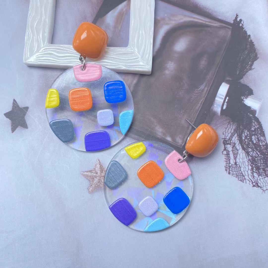 Acrylic Material 1 Pair Cute Round Color Block Heart Shape Arylic Drop Earrings