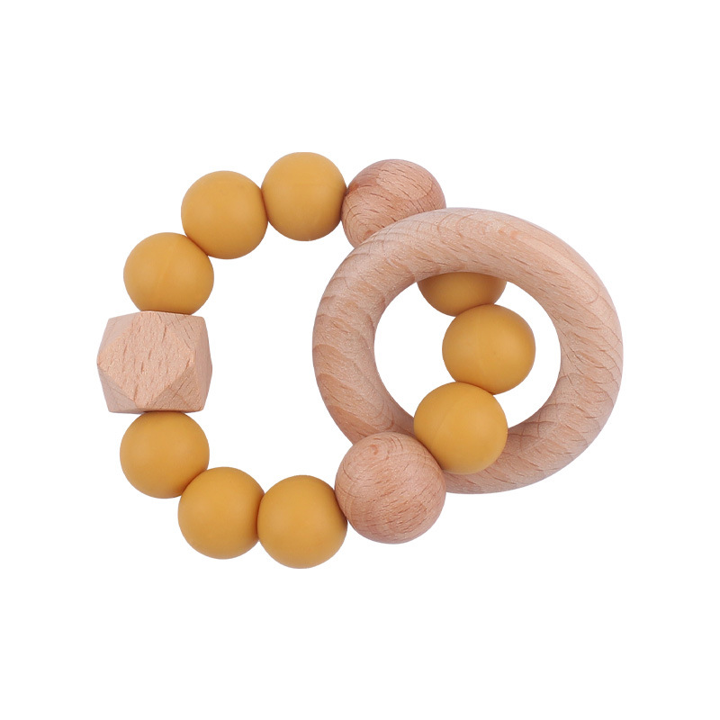 Nuevo bebé suministros de madera de haya anillo mordedor calmante bebé cuentas de silicona mordida molar pulsera mordedor juguete