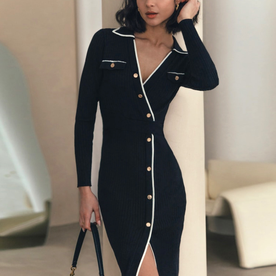 Women's Sheath Dress Sexy V Neck Button Long Sleeve Color Block Midi Dress Banquet Daily Date display picture 10
