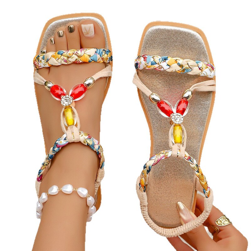 Bohemian Style Square-Toe Sandals for Women, Silk Scarf Woven with Colorful Beads and Rhinestones, Open-Toe Vacation Beach Sandals Bohemian Style Square-Toe Sandals for Women, Silk Scarf Woven with Colorful Beads and Rhinestones, Open-Toe Vacation Beach Sandals