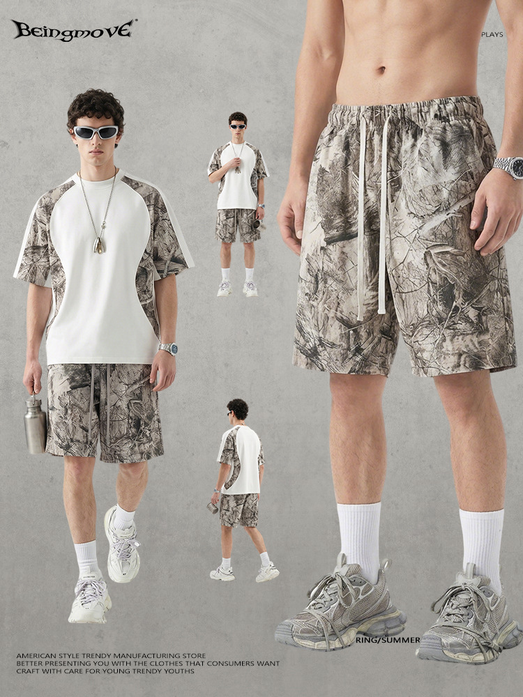 Calle secada| 2025 verano americano transferencia de calor camuflaje empalme camiseta de manga corta deportiva secado rápido pantalones cortos set hombre