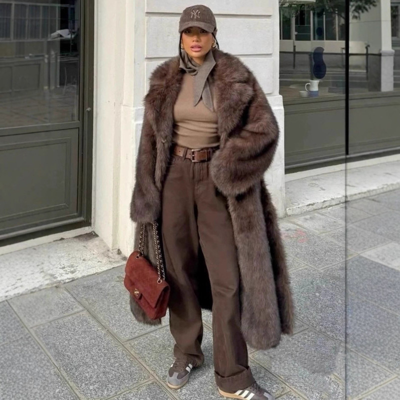 European and American Cross-Border Winter Wholesale Lazy Style Fox Fur Coat Faux Fur Brown Extended Length Street Style Women's Jacket