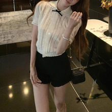 现货miu系乖乖牌 细支马海毛夏针织娃娃领短袖小衫女
