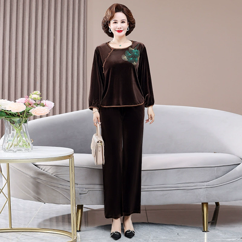 Женский костюм из золотистого вельвета для мамы, осень 2024, новинка, для женщин среднего и старшего возраста, модный китайский стиль, двухкомпонентный комплект