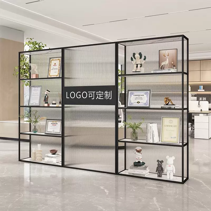 公司前台背景形象墙办公室屏风带logo玻璃隔断柜置物奖杯架置物架