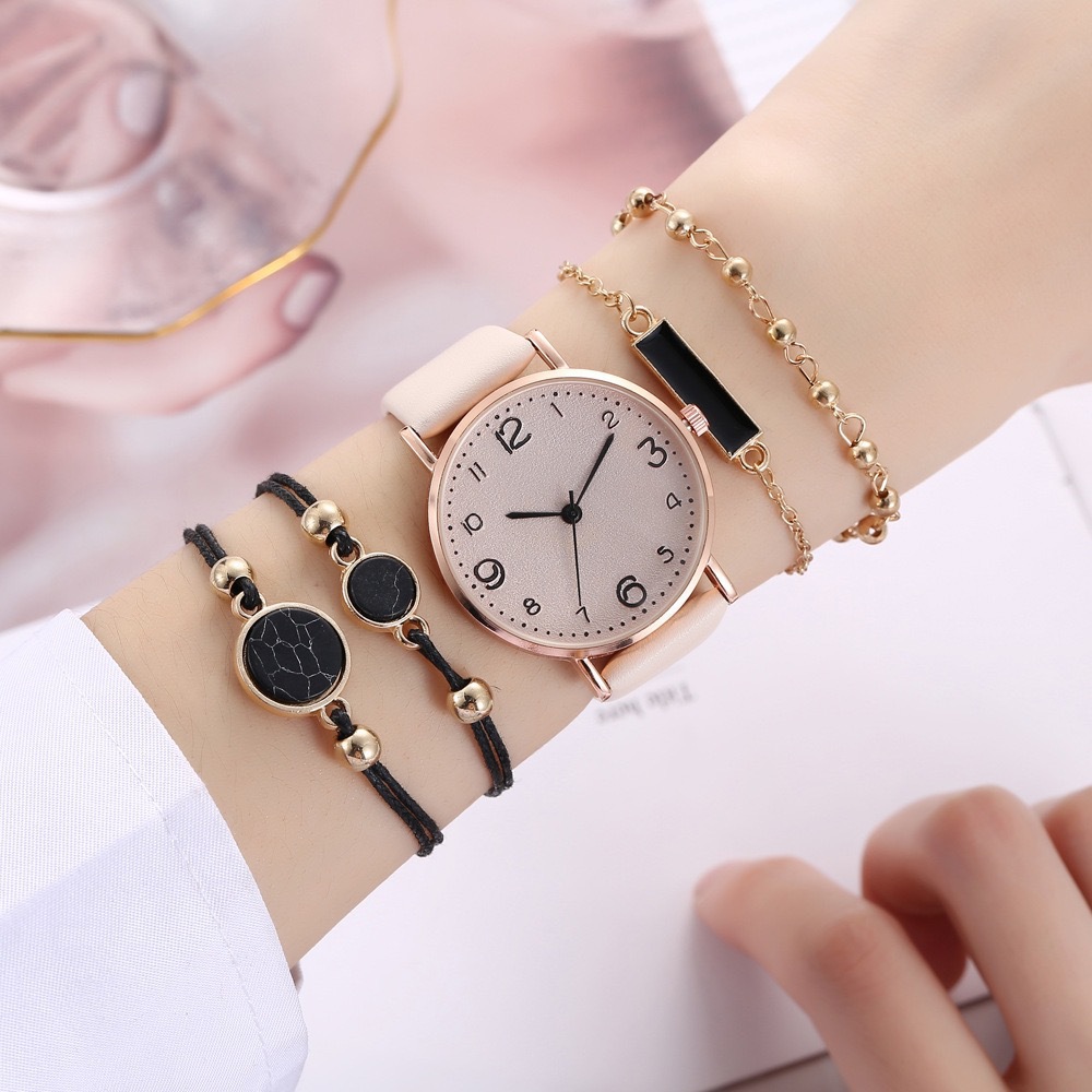 exclusive for simple and versatile fresh preppy style trend belt quartz watch + bracelet (5pcs/set)_voghion.com