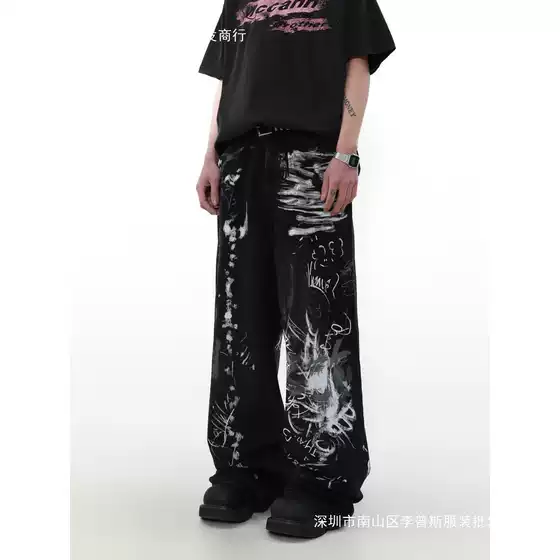 Vintage Graffiti Denim Jeans 2024 New Men's Straight-Leg Summer Thin American High-Street Casual Loose Trousers