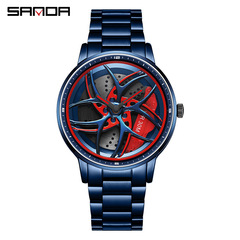 三達新款車輪系列皮帶旋轉手錶男士石英表時尚鏤空創意炫酷鋼帶表