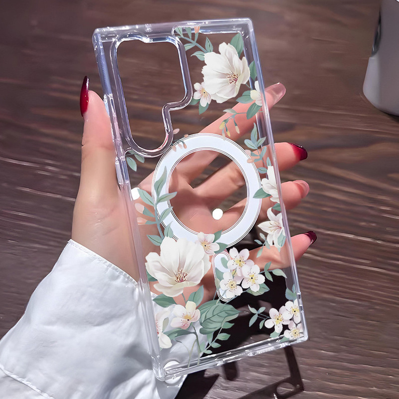 Cross-Border Hot-Selling Magnetic Samsung Mobile Phone Case S25Ultra Transparent Protective Cover S24 Hard Shell Anti-Collision Case S23 Beautiful
