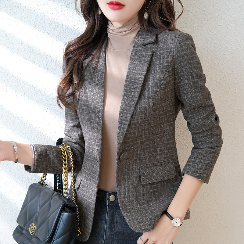 Gray Plaid Small Suit Jacket for Women Spring & Fall 2023 New Slim British Style Short Casual Small Suit