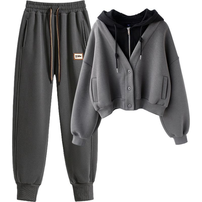 Fake Two-Piece Sweatshirt, Casual Leggings Jacket, Thickened Sweatpants, Sports Plus Velvet, Small and Stylish Winter Suit for Women
