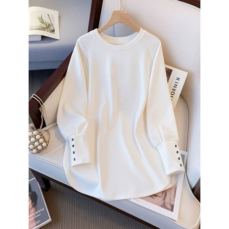 2025 New White Long-Sleeved T-Shirt with Buttoned Sleeves, High-End Mid-Length Loose Casual Fashion Classic Top 2025 New White Long-Sleeved T-Shirt with Buttoned Sleeves, High-End Mid-Length Loose Casual Fashion Classic Top