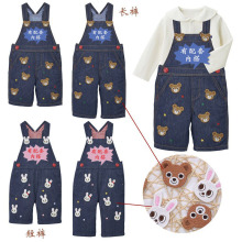 宝宝可爱裤子新款男女儿童卡通小熊小兔刺绣牛仔背带裤长裤七分裤
