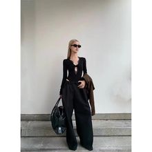 黑色性感蕾丝拼接镂空长袖连体衣女秋季新款修身显瘦打底体恤上衣