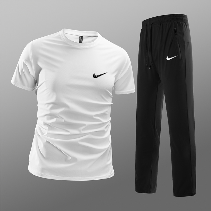 summer ice silk quick-drying t-shirt two-piece set men‘s thin plus size casual sports short sleeve pants elastic suit fashion