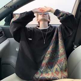 2025民族风针织拼接卫衣男春秋季小众设计感上衣美式复古外套批发