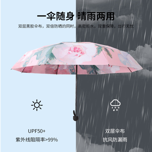 Double-layer printed sunshade parasol, three-fold five-fold, sunny and rainy two-in-one umbrella, large quantity wholesale, custom logo.