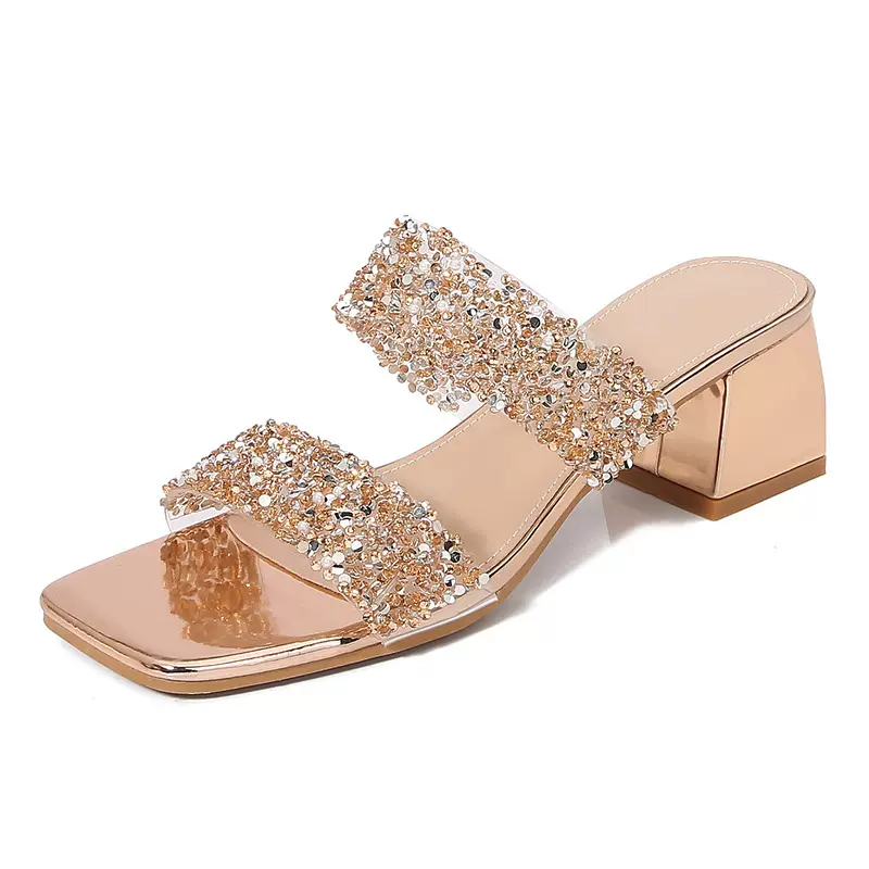 2025Ladies shoes跨境波西米亚新款时尚水钻拖鞋韩版厚底高跟女鞋