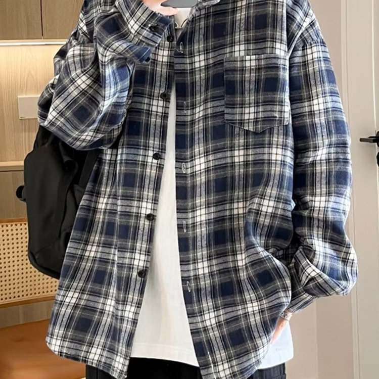 Black and white plaid shirt men's long sleeve high-grade lazy style shirt spring and autumn fashion brand casual coat oversize
