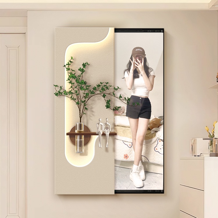 Cream-Style Entrance Sliding Mirror Decorative Painting, Three-Dimensional Hydroponic Green Plant Led Wall Lamp Painting, Hidden Full-Length Mirror Hanging Painting