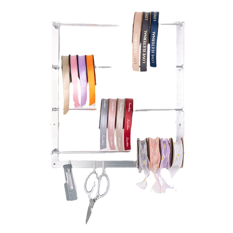 En stock pergamino al por mayor de la cinta floral montado en la pared de hierro estante de almacenamiento de rack estante de la cinta de la flor para la tienda de flores