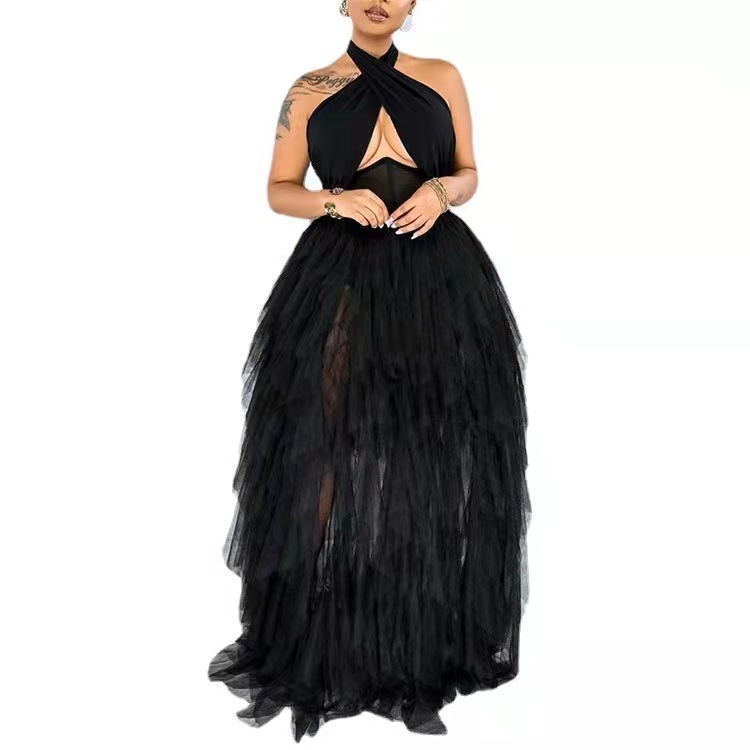Elegant V-Neck Mesh Ball Gown Corset Lace-Up Bustier Flared Tulle Skirt for Prom Party Wedding Pink Black S-XXL_ecoleips.com