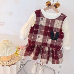 女童连衣裙2025儿童新款公主宝宝洋气格子背心长袖两件裙子公主风